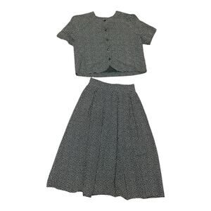 Vtg 90s Green Polka Dot Blouse Matching Midi Skirt Coord Set M  Femme Tradwife